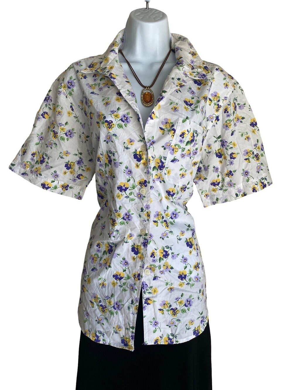 Vintage Cabin Creek Size L White Purple Floral Button Up Blouse Boho Cottagecore